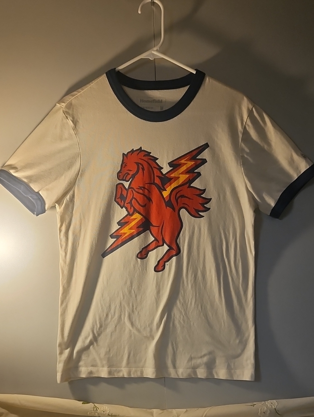 Men's Cream Graphic Ringer Tee with Red Storm Thunder Horse/Lightening Bolt